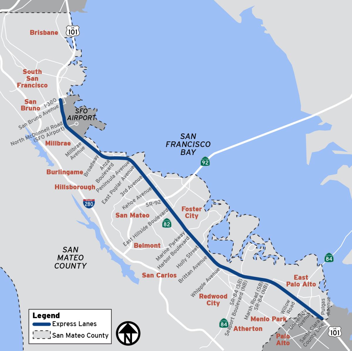 Limits of San Mateo Express Lanes on US Highway 101 between Santa Clara County and Interstate-380.