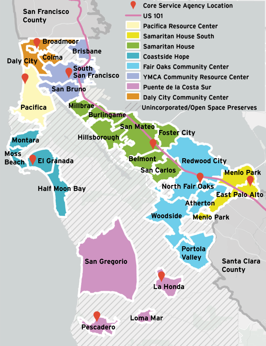 San Mateo County Core Service Agencies and the areas that they serve.